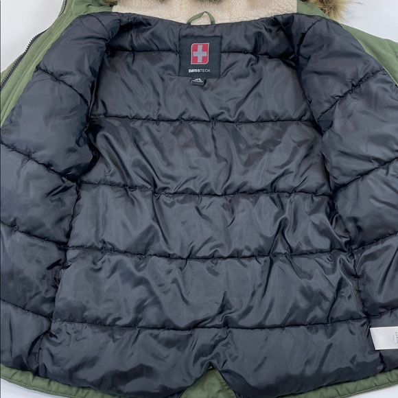 Swiss Tech Kids Green Hooded Parka Coat Faux Fur Lined Winter Jacket Sz 10-12 - Picture 4 of 7